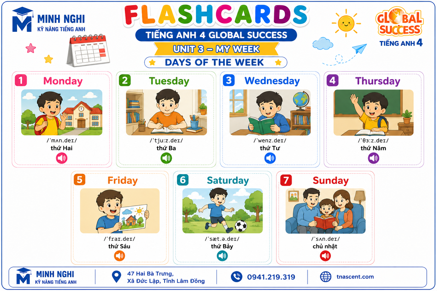 Flashcards Unit 3 Days of the Week Tiếng Anh 4