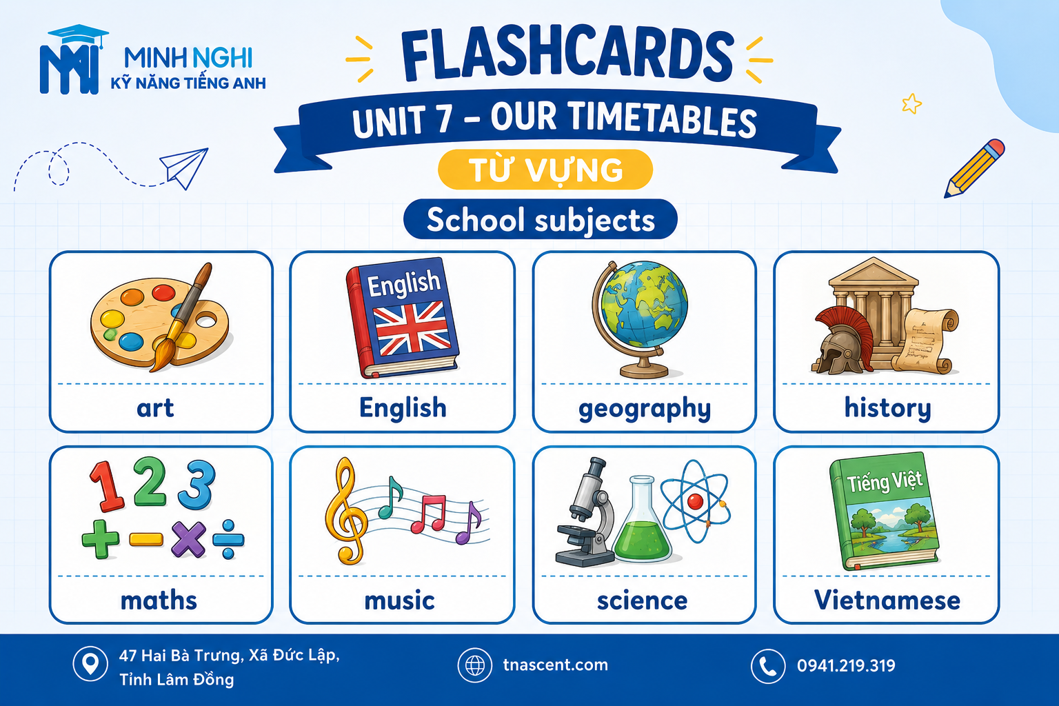 Flashcards Unit 7 Our Timetables School Subjects Tiếng Anh 4