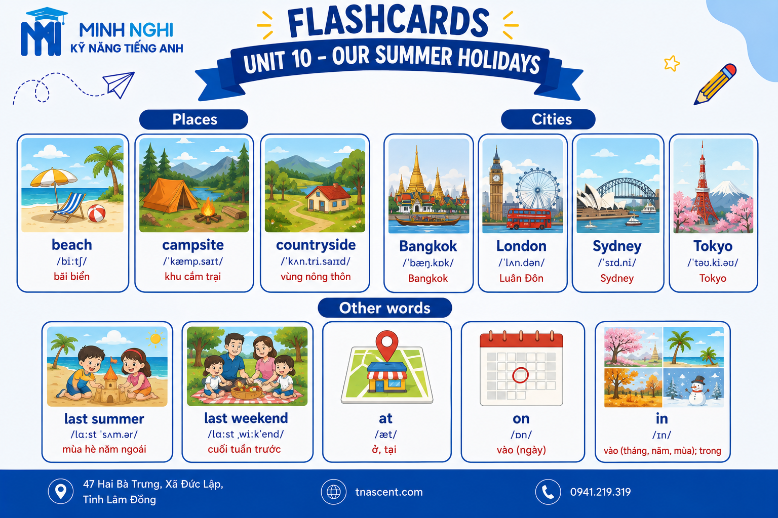 Flashcards Unit 10 Our Summer Holidays Tiếng Anh 4